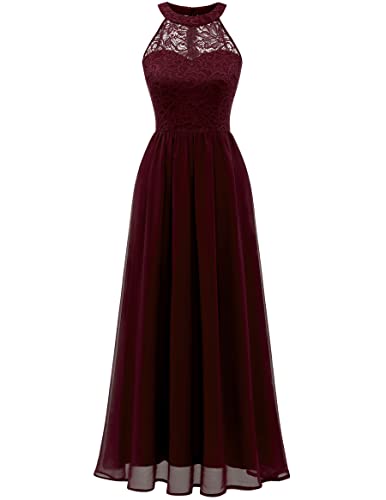 Wedtrend Damen Spitzenkleid Brautjungfer Kleid Lang Chiffon Abendkleid Party Cocktailkleid Neckholder Sommerkleid Burgund WT0201 Burgundy 2XL von Wedtrend