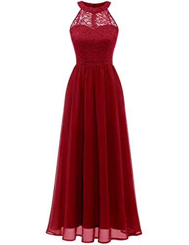 Wedtrend Damen Spitzenkleid Brautjungfer Kleid Lang Chiffon Abendkleid Party Cocktailkleid Neckholder Sommerkleid Dunkelrot WT0201 DarkRed XS von Wedtrend