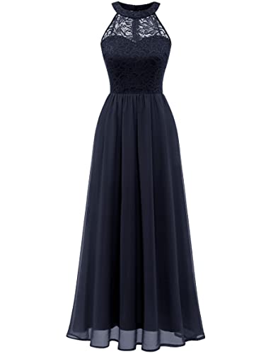 Wedtrend Damen Spitzenkleid Brautjungfer Kleid Lang Chiffon Abendkleid Party Cocktailkleid Neckholder Sommerkleid Marineblau WT0201 Navy M von Wedtrend