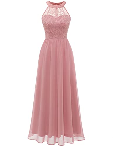 Wedtrend Damen Spitzenkleid Brautjungfer Kleid Lang Chiffon Abendkleid Party Cocktailkleid Neckholder Sommerkleid WT0201 Blush 2XL von Wedtrend