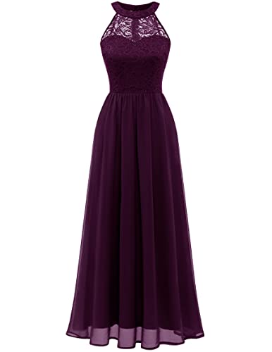 Wedtrend Damen Spitzenkleid Brautjungfer Kleid Lang Chiffon Abendkleid Party Cocktailkleid Neckholder Sommerkleid Weintraube WT0201 Grape M von Wedtrend