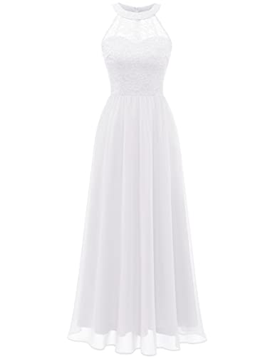 Wedtrend Damen Spitzenkleid Brautjungfer Kleid Lang Chiffon Abendkleid Party Cocktailkleid Neckholder Sommerkleid Weiß WT0201 White XS von Wedtrend