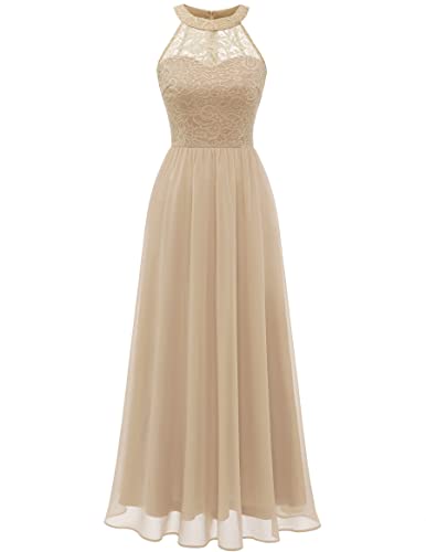 Wedtrend Damen Spitzenkleid Brautjungfer Kleid Lang Chiffon Abendkleid Party Cocktailkleid Neckholder Sommerkleid Champagner WT0201 Champagne S von Wedtrend