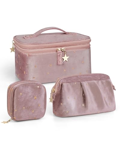 Wedama Make-up-Tasche, doppellagige Kosmetiktasche mit Schmuckaufbewahrung und Pinselhaltern, 3-teiliges Samt-Make-up-Taschen-Set, Reise-Make-up-Organizer-Taschen, tragbare Kosmetiktasche, von Wedama