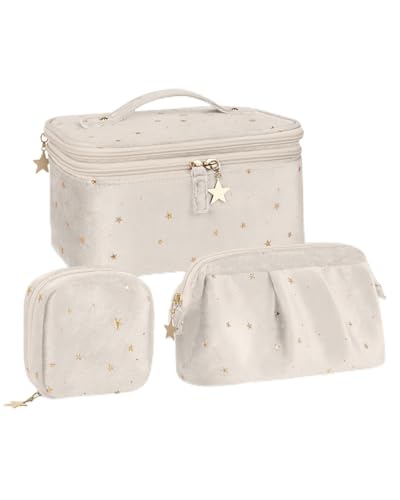 Wedama Make-up-Tasche, doppellagige Kosmetiktasche mit Schmuckaufbewahrung und Pinselhaltern, 3-teiliges Samt-Make-up-Taschen-Set, Reise-Make-up-Organizer-Taschen, tragbare Kosmetiktasche, von Wedama