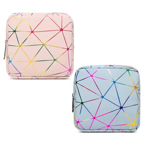 2er-Pack Damenbinden-Aufbewahrungstasche, großes Fassungsvermögen (je 1 in Blau und Beige), Damenbinden-Aufbewahrungsbox, Mini-Geldbörse, tragbar, geeignet für Reisen, Mädchen, geometrisches Spleißen von WeddHuis