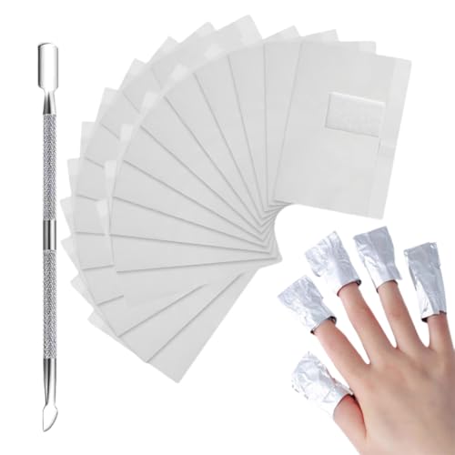 WeddHuis 100 Stück Nail Polish Remover Wraps Pads, 1 Stück Nagelhaut Schieber, Aluminiumfolie Nagellack Remover Pads, Gellack schnell und sanft entfernen von WeddHuis