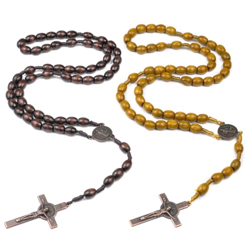 WeddHuis 2 Stück Rosenkranz Kette Holz Katholische Gebetskette Christlich mit Jesus Kreuz für Männer und Frauen Geschenk zur Kommunion Taufe von WeddHuis