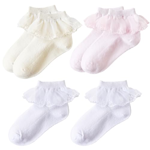 WeddHuis 3 Paare Baby Mädchen Socken Elastisch Rüschen Spitze Taufe Socken für Neugeborene Kleinkind Mädchen Kinder 3 Farben von WeddHuis