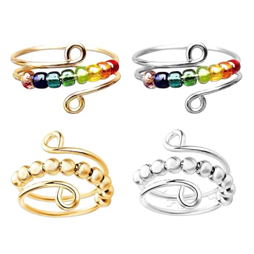 WeddHuis 4 Stück Anti Stress Ring Set Verstellbare Anxiety Ring Effizient Linderung von Ängsten Antistress Ringe Spinning Ring mit Perlen für Mädchen und Frauen Stress Relief Ängstlichkeit von WeddHuis