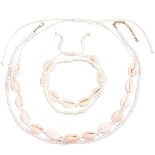 WeddHuis 4 Stück Boho Muschelkette, Damen Natural Shell Choker Halsketten Armband Schmuck Set, Halskette verstellbares Armband für Damen Mädchen Sommer Strand Schmuck von WeddHuis