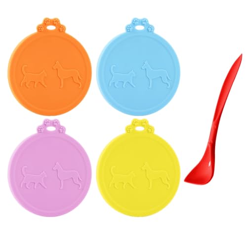 WeddHuis 4 Stück Universal-Silikon-Dosendeckel für Tierfutter-Dosen, Haustier Futteraufbewahrung, Dosenfutter für Hunde und Katzenund ein Löffel (4 Farben) von WeddHuis