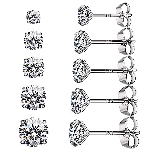 WeddHuis 5 Stück Ohrringe, Ohrringe für Damen und Herren mit kubischem Zirkonia, Ohrringe aus Chirurgischem Stahl, antiallergische Ohrringe für Damen aus Titanstahl, Diamant 4-8 mm, Edelstahl von WeddHuis