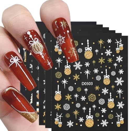 WeddHuis 6 Blatt Selbstklebend Nagelsticker Weihnachten Glitzer Schneemann-Schneeflocke-Weihnachtswinter Nail Art Sticker Dekoration Nageldesign Zubehör (Gold) von WeddHuis