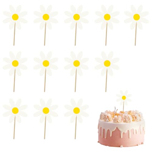 WeddHuis Pack 12 Stücke Tortendeko Gänseblümchen Blumen Pappbecher Kuchendeko Tortenaufleger Happy Birthday Partydeko Für Mädchen Kinder Hochzeit (Weiß) von WeddHuis