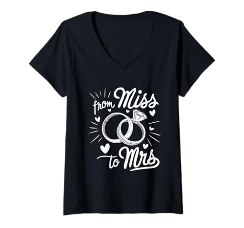 Damen Verlobungsring von Miss to Mrs Brautparty Junggesellinnenabschied T-Shirt mit V-Ausschnitt Damen Verlobungsring von Miss to Mrs Brautparty Junggesellinnenabschied T-Shirt mit V-Ausschnitt von Wedding Humor and Bride Crew Designs