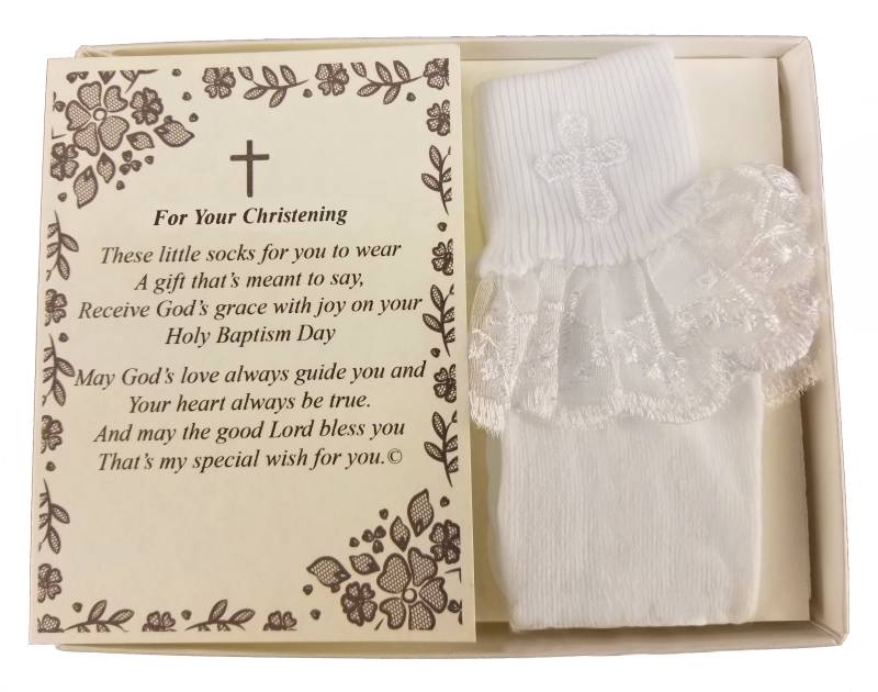 Tauf-Widmung Andenken Geschenk Poesie Baby Mädchen Socken Mit Rüschen Fußkettchen Spitze Bestickt Kreuz Design | Größe 1-2 von WeddingCollectibles