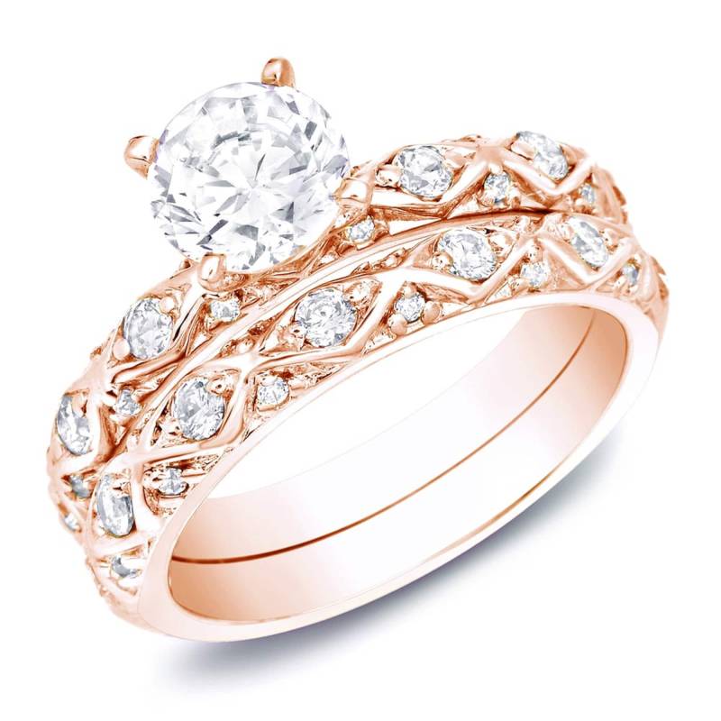 Exzellentes Rundes Moissanit Verlobungsring Set, Frauen Ehering Massive Gold Handarbeit Ring Silber Versprechen Set von WeddingJewellry