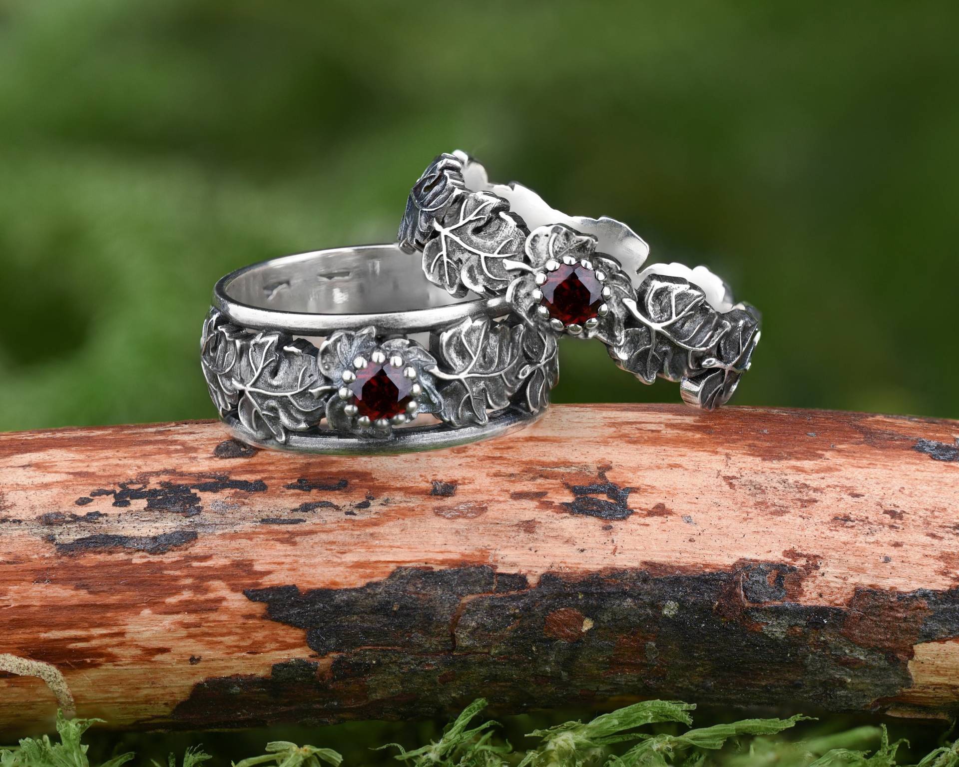 Naturstein Ehering Set, Roter Stein Trauring Für Sie Und Ihn, Blatt Ring Set Sterling Silber von WeddingRingSet