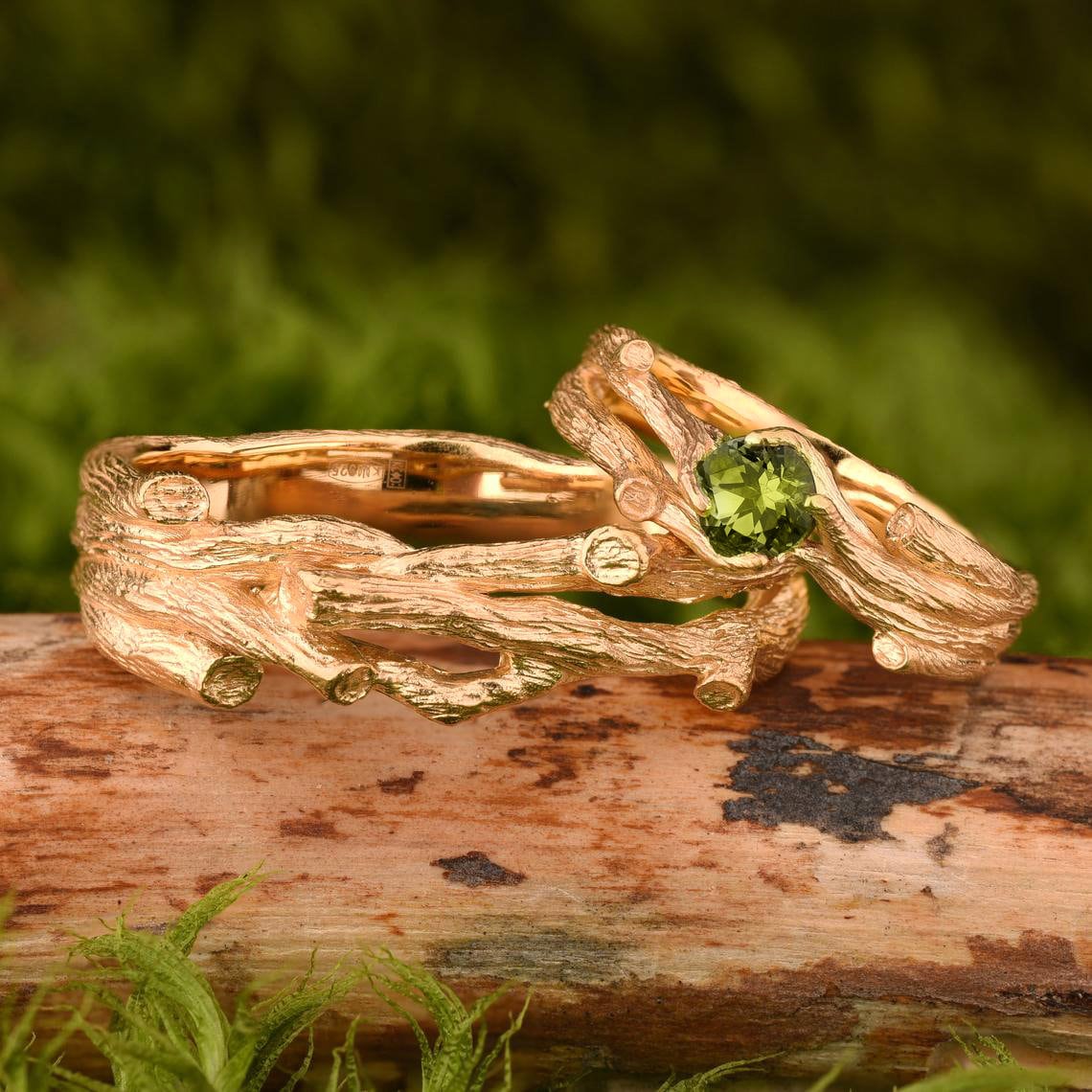 Vergoldetes Passendes Paar-Ring-Set - Ehering-Set Mit Astzweigen Gold-Vermeil-Peridot-Edelstein-Ring Vielseitiges Schmuckgeschenk von WeddingRingSet