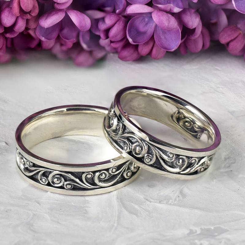 Welle Ehering, Paare Ring Set, Ozean Silber Wellenring, Ehering Set Gemischte Metallring von WeddingRingSet