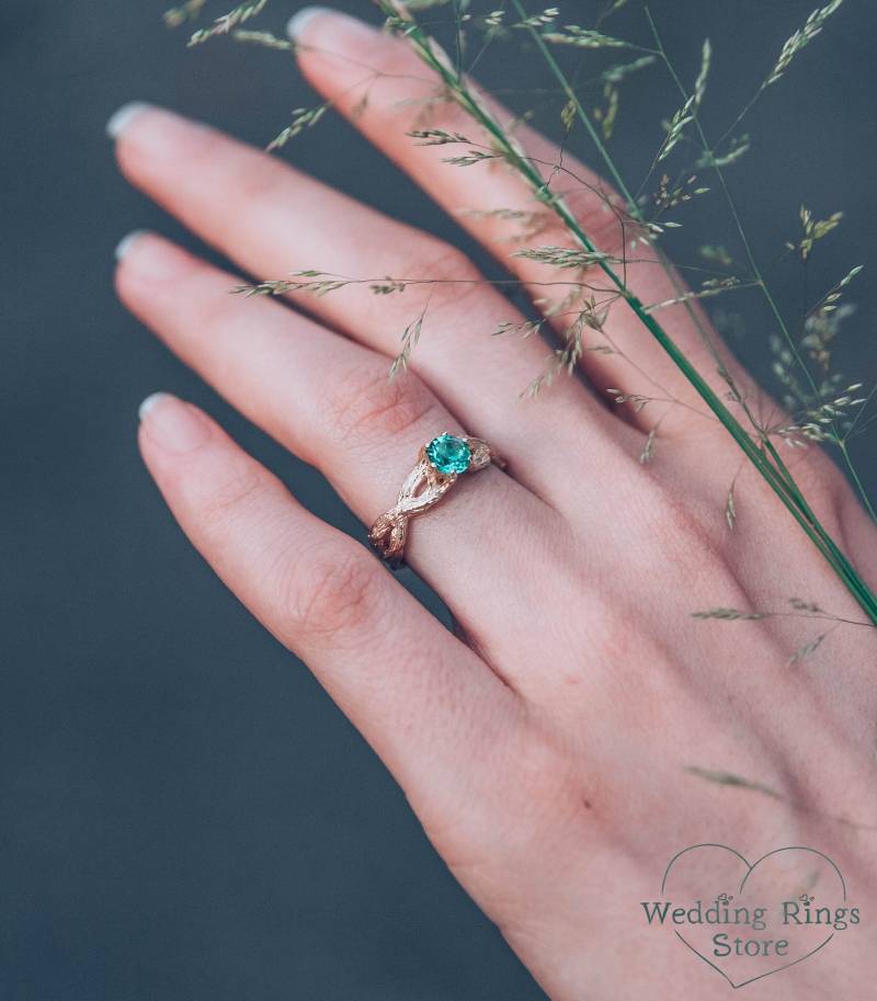 14K Gelbgold Geflochtener Zweigring Mit Grünem Quarz, Doppelt Verflochtener Zweigring, Zarte Frauenring Stein, Ihr Einzigartiger Ring von WeddingRingsStore