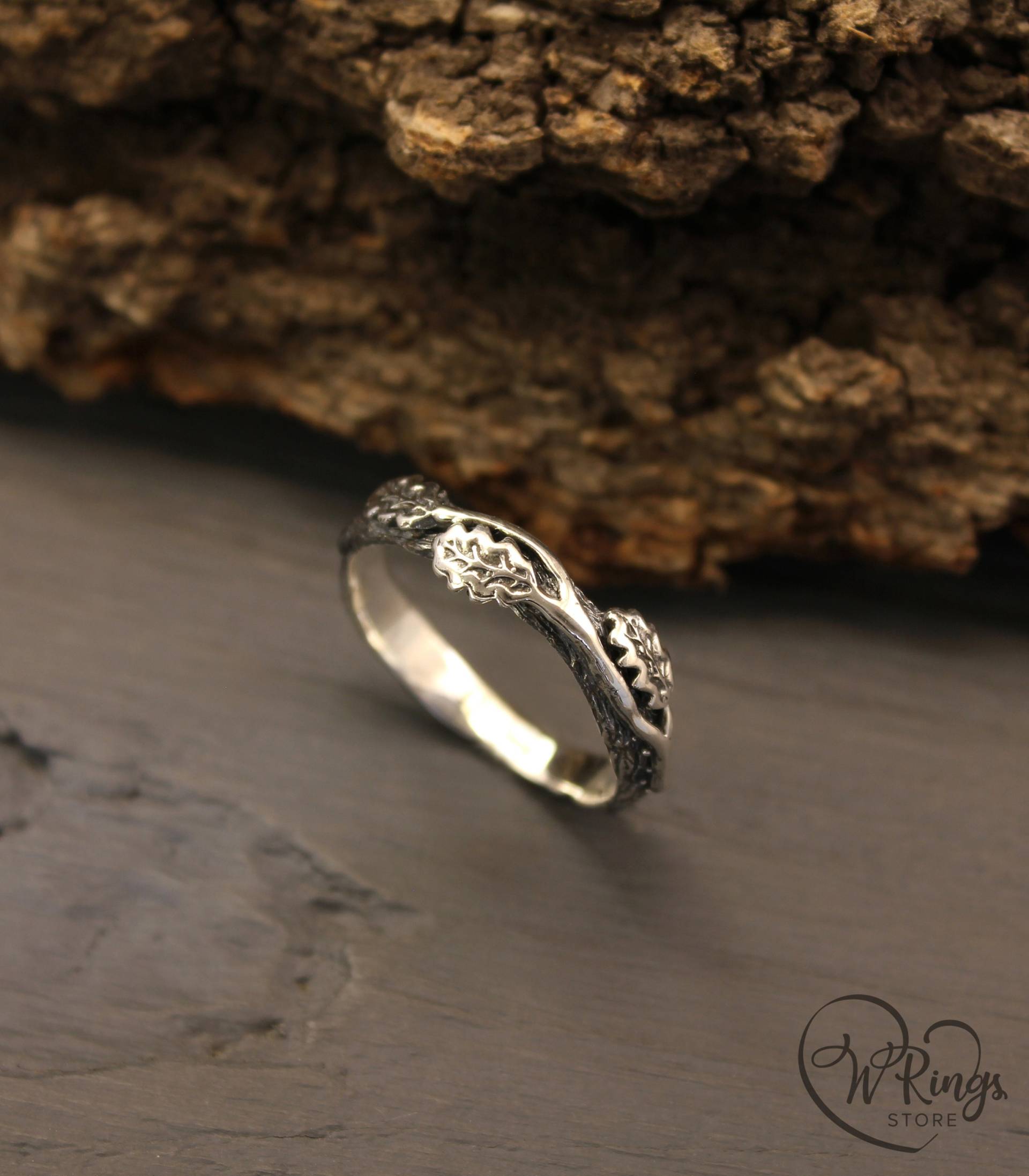 Astring Mit Eichenblättern, Eichenblatt Silber Ehering, Natur Einzigartiger Frauenring, Eichenblätter Auf Zweigring, Geschenk Für Sie von WeddingRingsStore