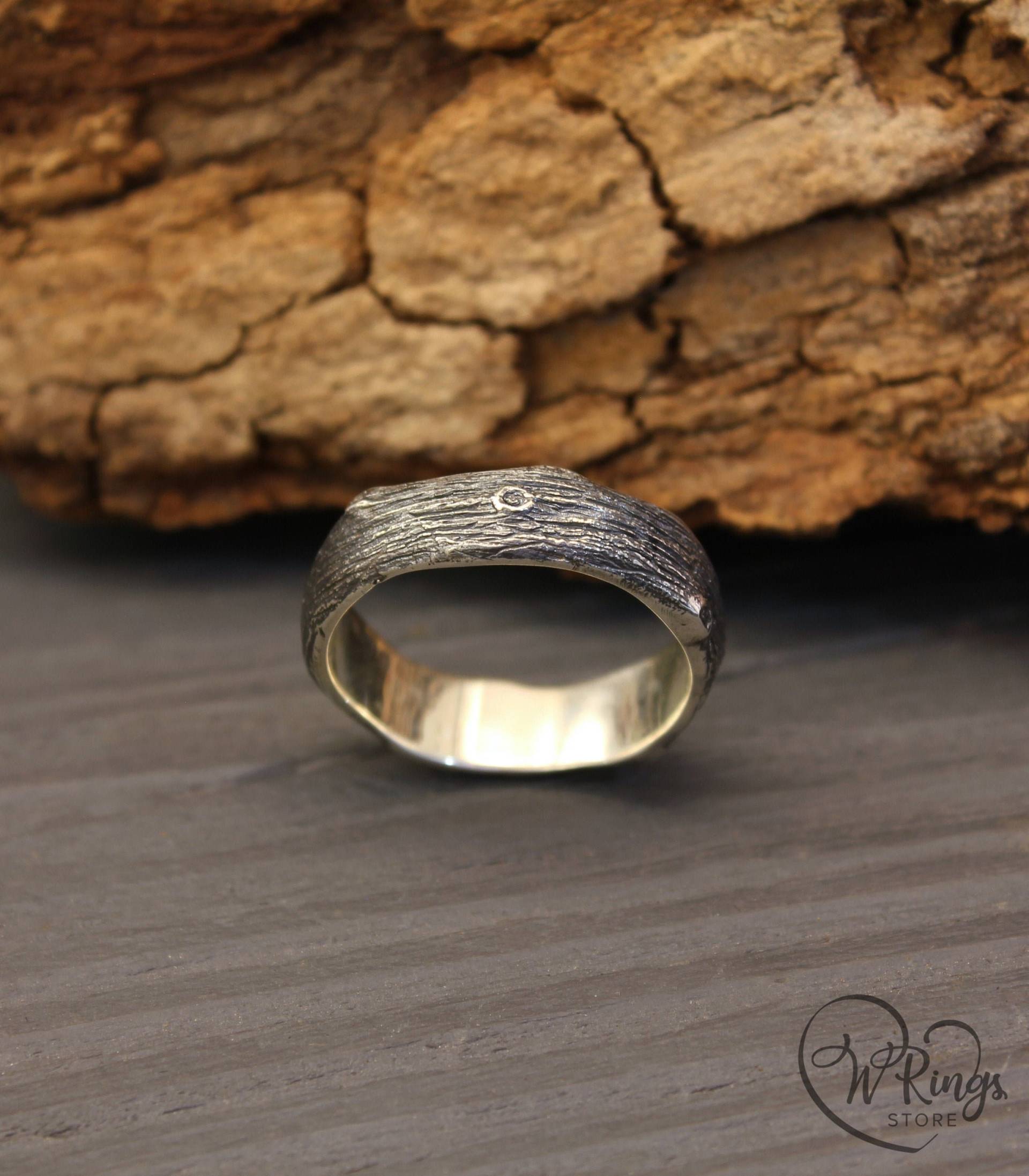 Baumrinde Und Baumstümpfe Silber Ehering, Ausgefallener Baum Ehering Für Männer Frauen, Rustikaler Ring, Natur Sterling Band von WeddingRingsStore