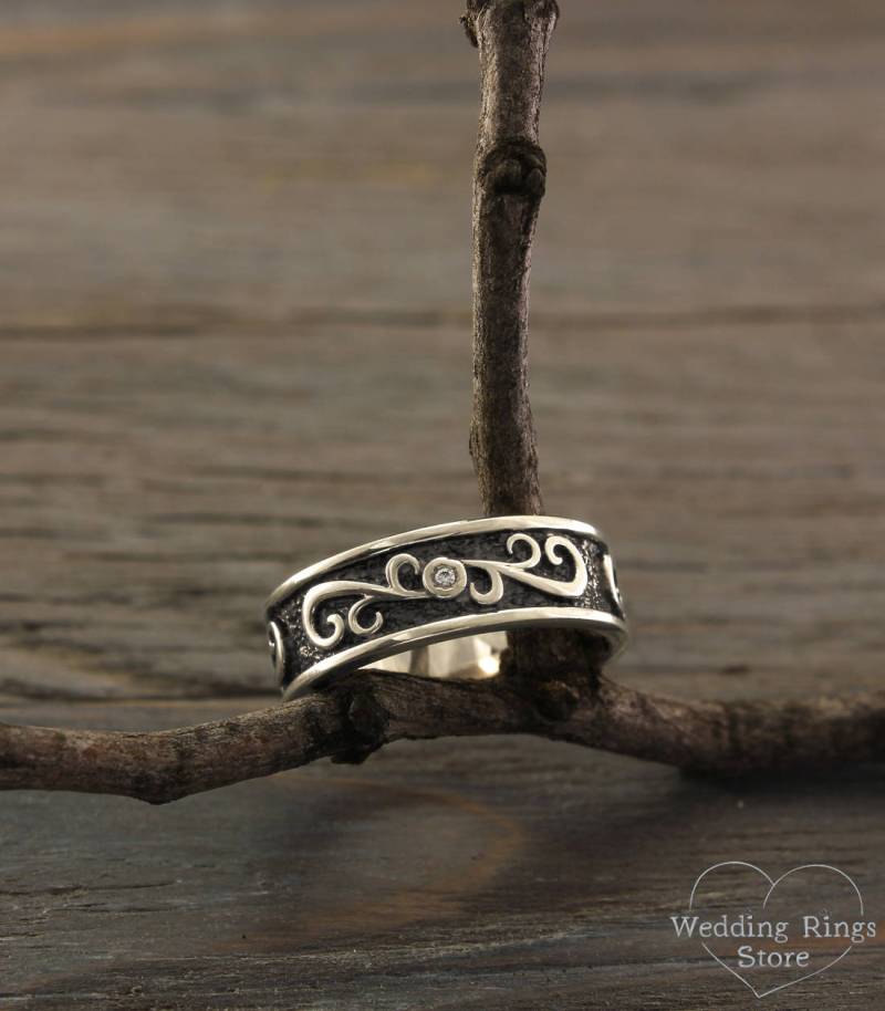 Diamant Ehering Mit Vintage Ornament Aus Sterlingsilber Glänzendem Und Oxidiertem Finish von WeddingRingsStore