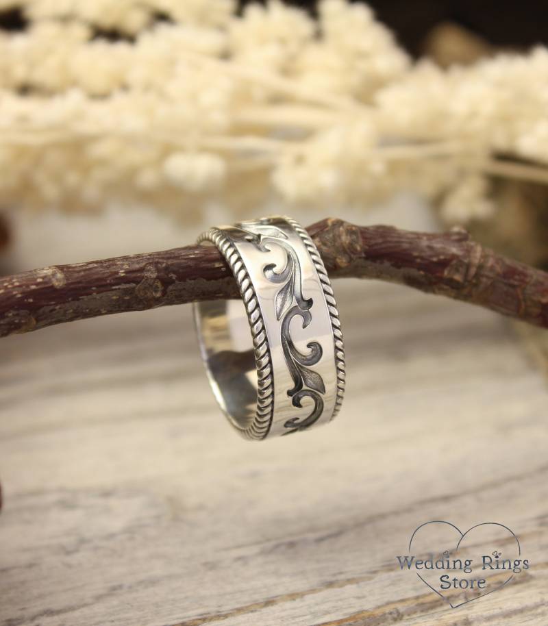 Einzigartiger Silber-Rebenring Breiter Vintage-Ring Mit Filigranen Kanten Blumenring Für Sie Und Ihn Edelring von WeddingRingsStore