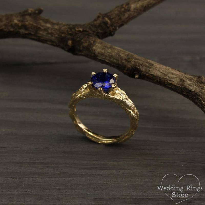 Fee Saphir 585 Gelbgold Statement Ring, Inspiriert Von Der Natur Wald Blauen Edelstein Verlobungsring Für Geliebte, Weihnachtsabend Geschenk von WeddingRingsStore