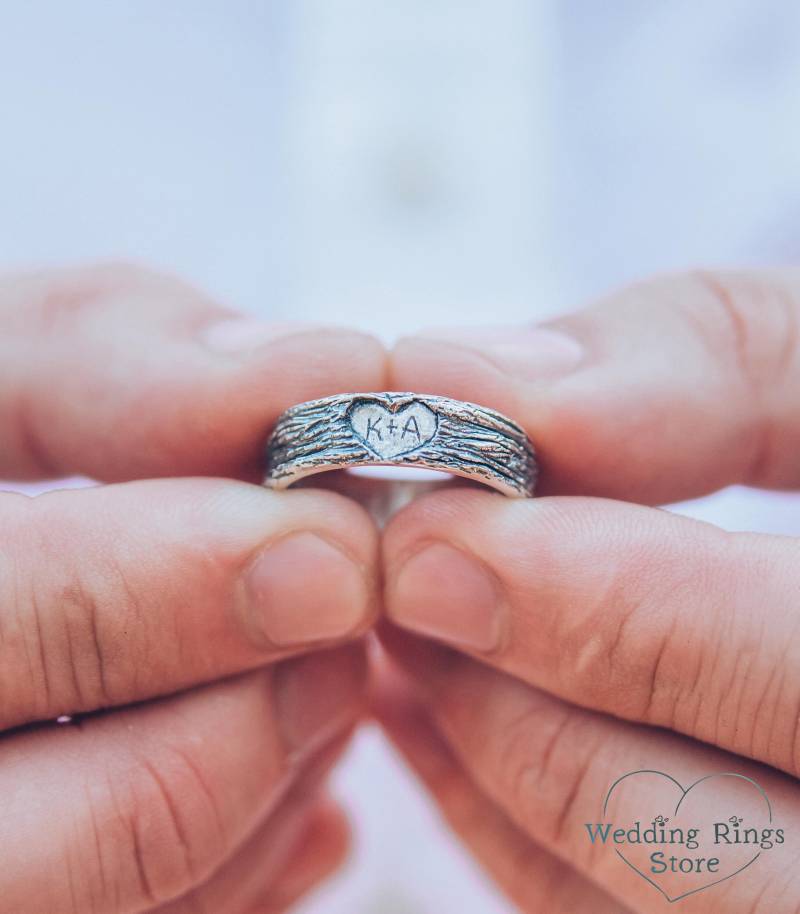 Hochzeit Band Herz, Stammbaum Ring, Initial Ehering, Herz Rustikale Personalisierte Liebe Silber Ring von WeddingRingsStore