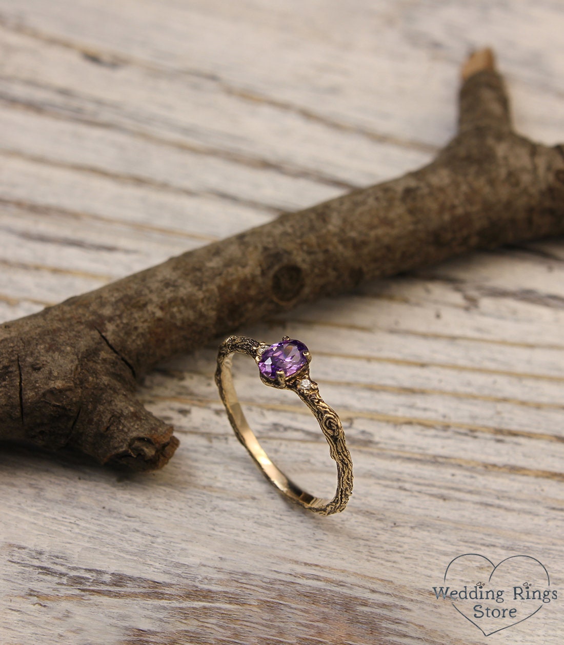 Kleiner Zweigring Für Verlobungsring Mit Amethyst Und Diamanten, Baumrindenring Frauen, Diamantring Sie von WeddingRingsStore