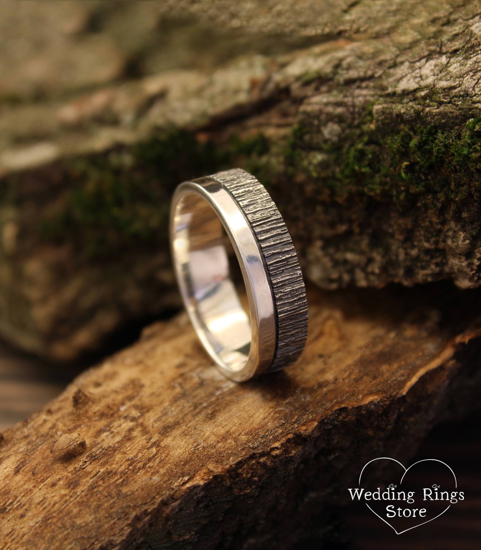 Polierter Schlichter Streifen & Baumrinde Ring - Natur Inspiriert 925 Sterling Silber Herren Ehering Einzigartig 2 Hälften Holz Strukturiert Und Teil von WeddingRingsStore