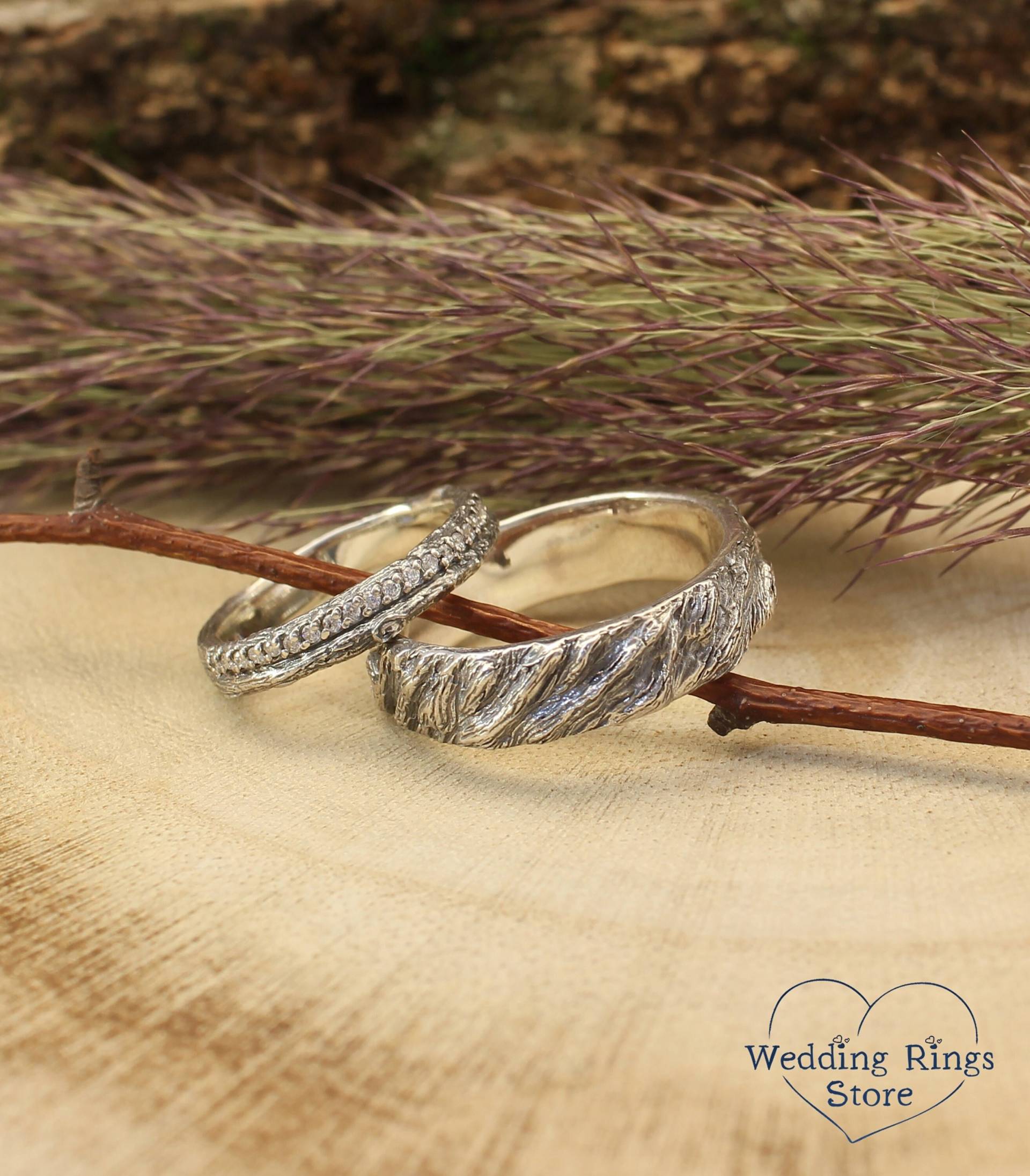 Seine Sie Silber Natur Inspiriert Eheringe Set, Chunky Band Für Ihn, Zierliche Edelstein-Ring Sie, Ein Paar Waldringe Verlobung von WeddingRingsStore