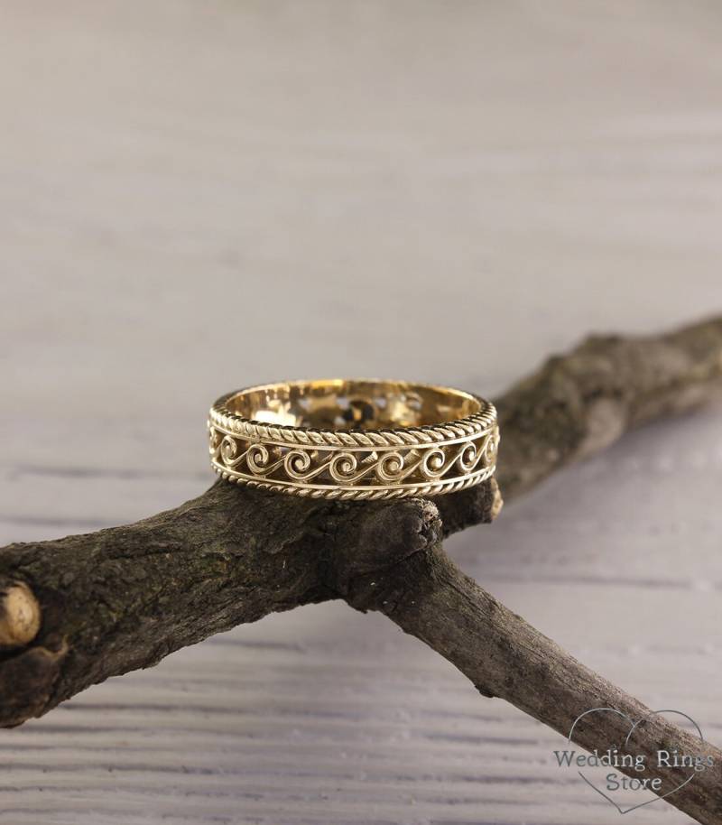 Ungewöhnlicher Ehering in 585Er Gelbgold, Filigraner 6 Mm Trauring, Im Antik Stil, Eternity Geschenk Zum Jahrestag von WeddingRingsStore