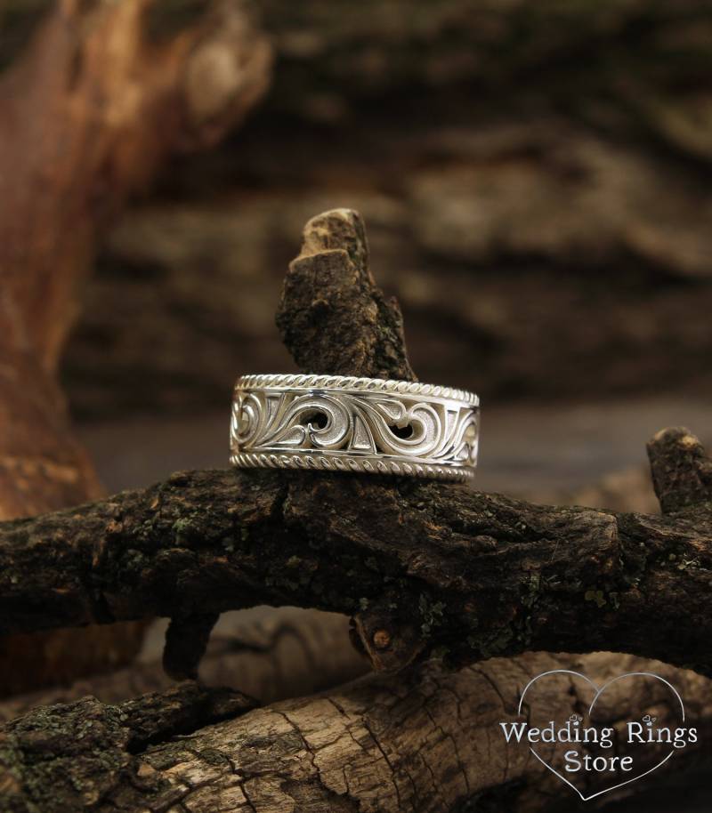 Weinrebe Und Filigraner Unisex Ehering Im Vintage-Stil Aus Sterlingsilber von WeddingRingsStore