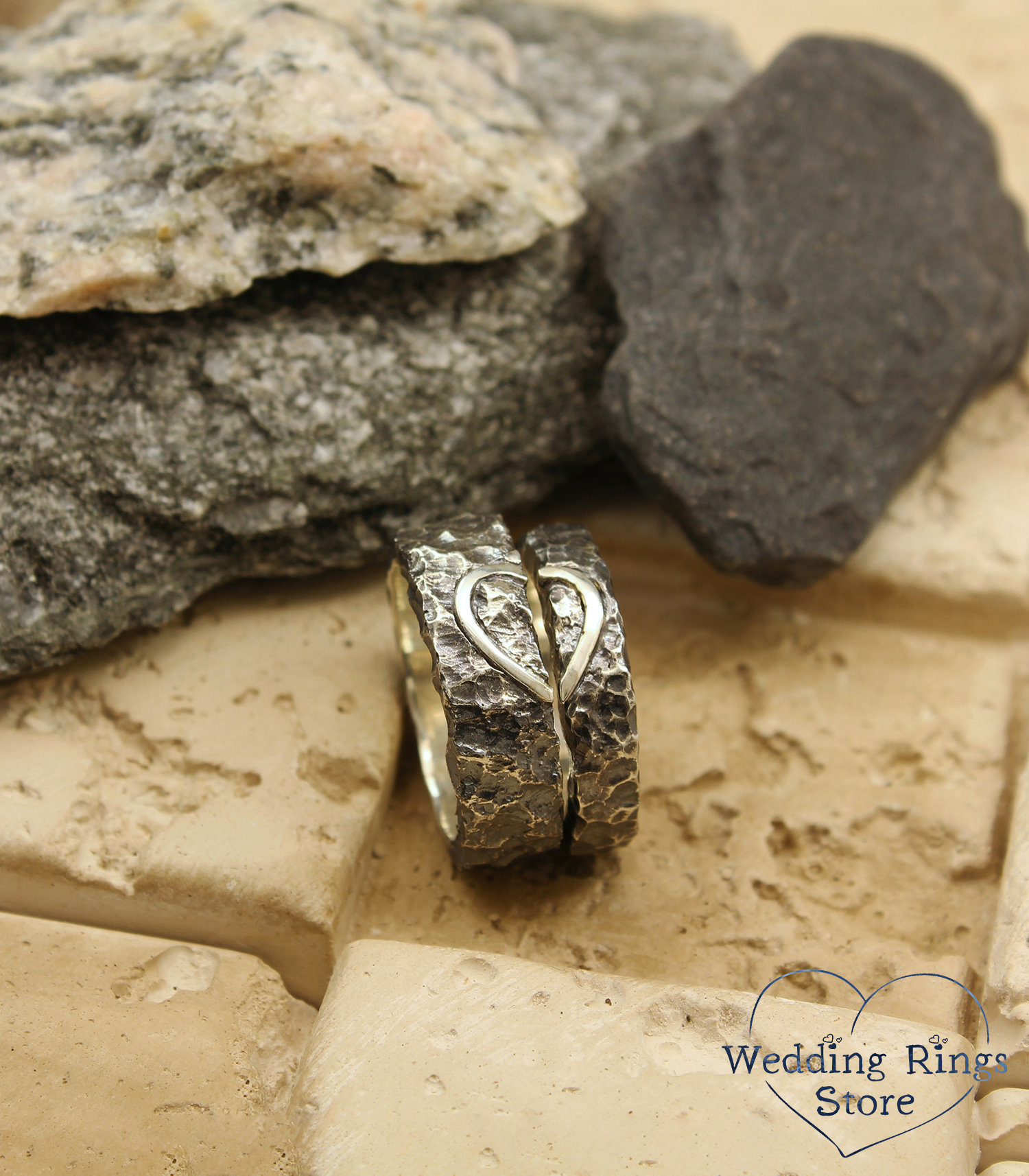 Wildes Herz Eheringe Set, Seine Und Ihre Halbe Herzringe, Rock Eheringe, Schwere Ihr Ehering, Einzigartige Sterlingsilberbänder von WeddingRingsStore