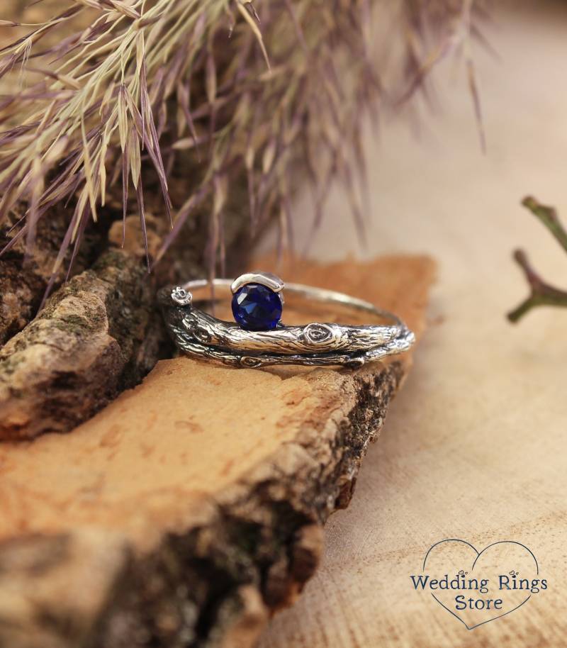 Zierlicher Blauer Saphir Verlobungsring, Sterling Silber Wickelring & Edelstein, Wald Natur Inspirierter Elfen Ring Split Zweige von WeddingRingsStore
