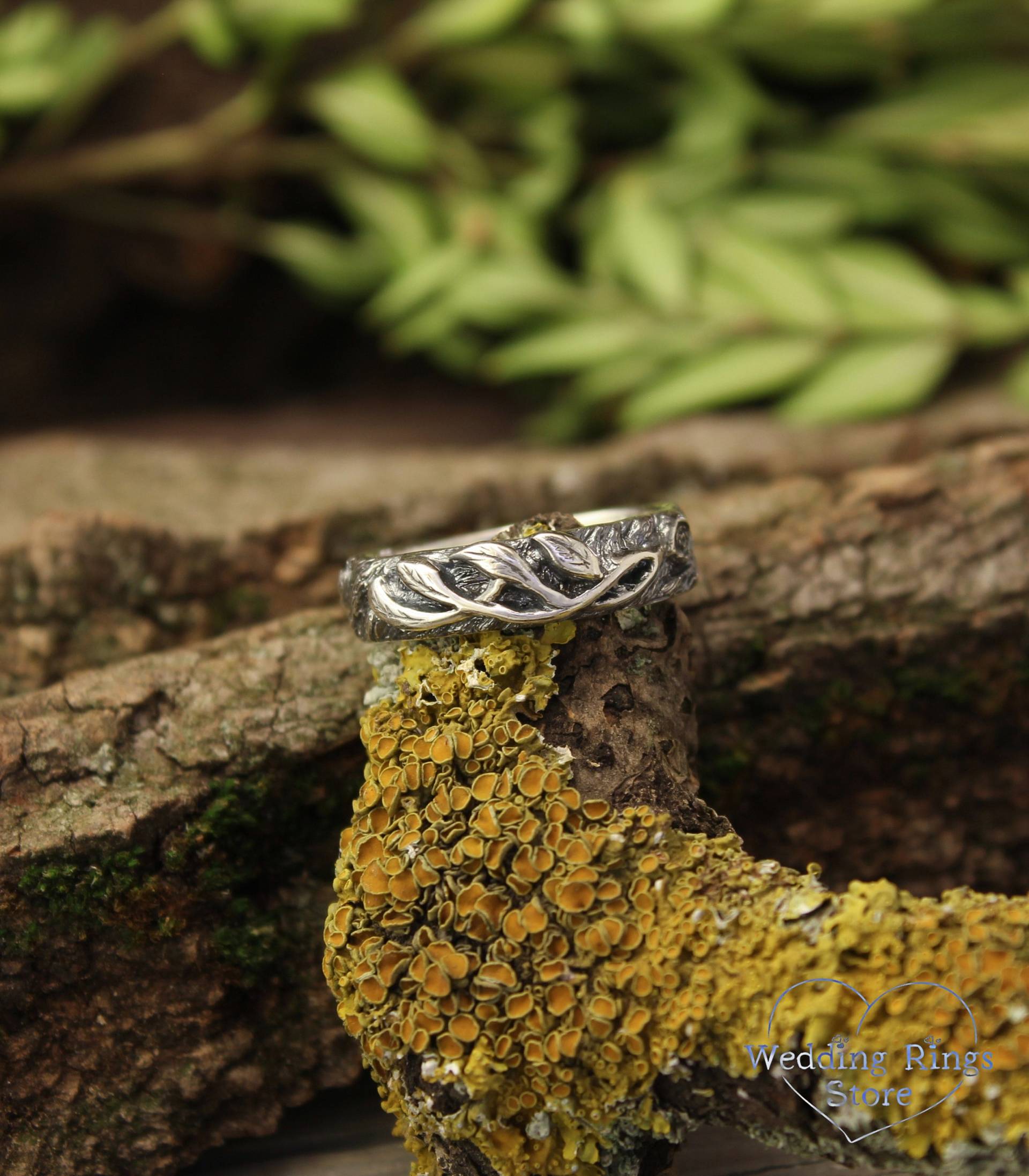 Zweig Und Blätter Silber Natur Ehering Für Frauen, Holz Stil Einzigartiger Männer, Wald Inspiriert Handgemachter Vintage Ring von WeddingRingsStore