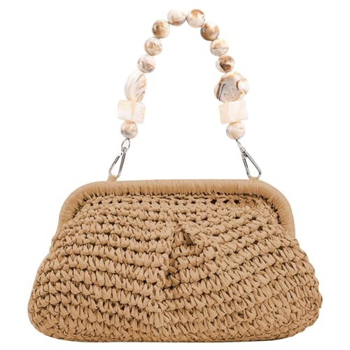 Wedhapy Strandtasche aus Stroh gewebte Taschen für Damen gewebte Strohtasche lässige aus gewebter Muschel mit Perlengriff stilvolle leicht passende Sommertasche für den Strand Khaki von Wedhapy