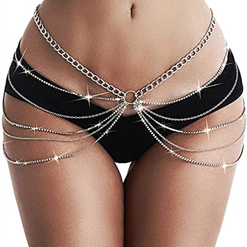 Hochzeit Party Kristall Kette Taille Mehrschichtige Quaste Körper Ketten Oberschenkel Kette Sexy Bikini Schmuck Kette Einstellbare Zubehör für Frauen Mädchen (Silber) von Wedity