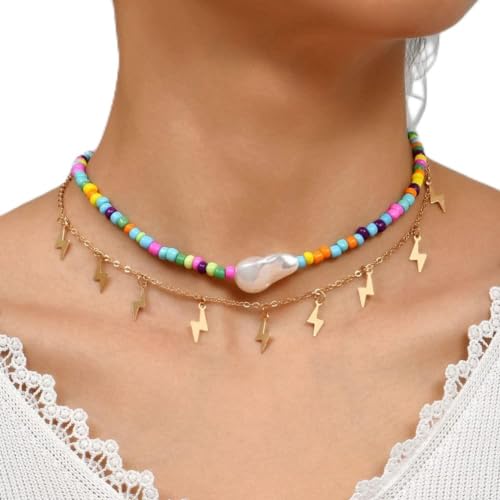 Wedity Boho Bunte Perlen Choker Halskette Blitz Anhänger Unregelmäßige Form Perlenkette Regenbogen Perlenketten Verstellbarer Schmuck für Frauen und Mädchen von Wedity