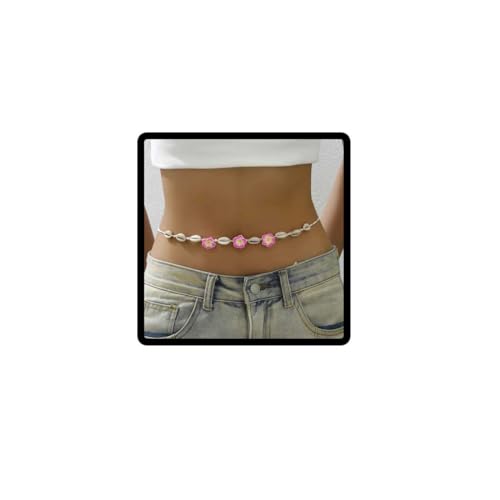 Wedity Boho Bunte Seesterne Taille Kette Perlen Shell Blume Bauch Kette Sommer Strand Bikini Körper Kette Einstellbare Schmuck für Frauen Mädchen (Rosa Blumen) von Wedity