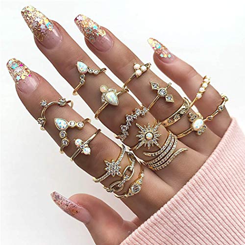 Wedity Boho Crystal Knuckle Flower Ring Set Stapelbarer Fingergelenkring aus Gold für Frauen und Mädchen (17 Stück) von Wedity