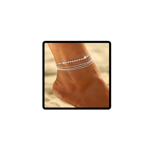 Wedity Boho Kristall Fußkettchen Silber Mehrschichtige Perlenkette Fußkettchen Armbänder Strandzubehör Fußschmuck Einstellbar für Frauen Mädchen von Wedity