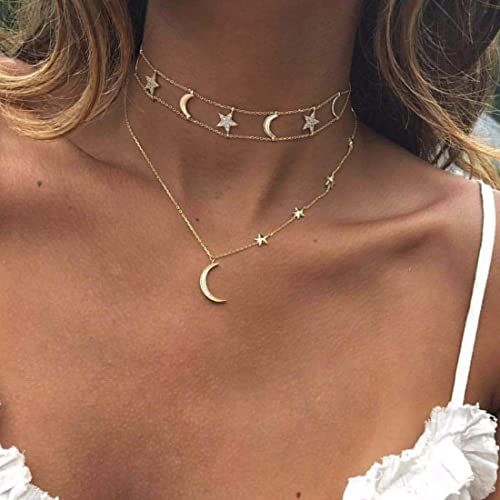 Wedity Boho Multilayer Stern und Mond Halsketten Gold Kristall Choker Halskette Halbmond Anhänger Halsketten Verstellbarer Schmuck für Frauen und Mädchen von Wedity