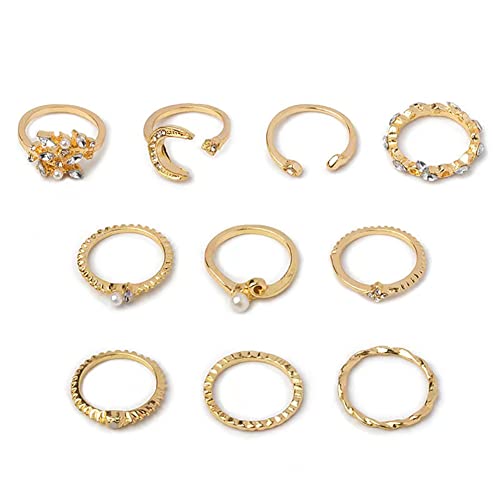 Wedity Boho Stern Mond Blume Blätter Kristall Herz Lotus Portrait Muster Knöchelring Gold Stapelbare Ringe Set Fingerringe Schmuck für Frauen Mädchen (B) von Wedity