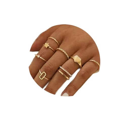 Wedity Boho Stern Mond Blume Blätter Kristall Herz Lotus Portrait Muster Knöchelring Gold Stapelbare Ringe Set Fingerringe Schmuck für Frauen Mädchen (C) von Wedity