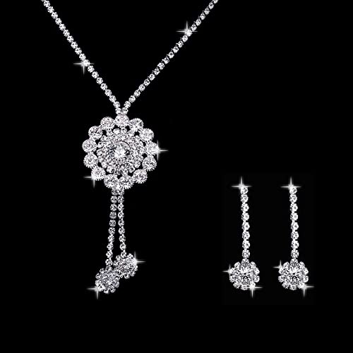 Wedity Braut Hochzeit Blume Sonne Kristall Halskette Ohrringe Set Silber Braut Choker Halsketten Schmuck Anhänger Strass von Wedity